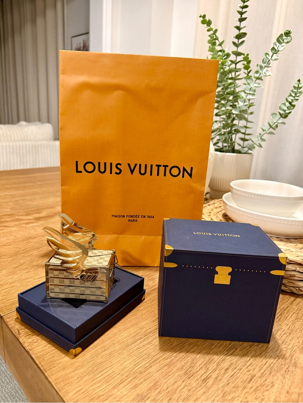 Louis Vuitton Gold-tone Mini Trunk Key & Card Holder Charm with Wing Detail